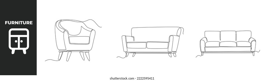 Kontinuierliche Zeichnung einer Linie modernen Möbelset Konzept. Angesagter Sofabett-Sessel und Sessel. Einzeilige Zeichnung, Vektorgrafik.
