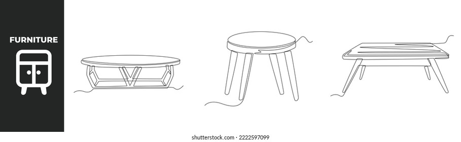 Continuous one line drawing modern furniture set concept. Modern wooden table. Single line draw design vector graphic illustration.