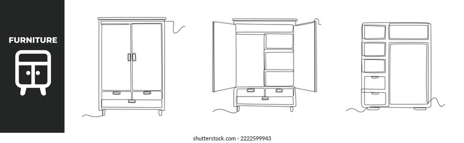 Continuous one line drawing modern furniture set concept. Trendy wooden cupboard. Single line draw design vector graphic illustration.