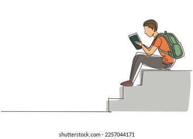 Continuous one line drawing modern young man reading book sitting on stairs. Smart male reader enjoying literature or studying, preparing for exam. Single line draw design vector graphic illustration