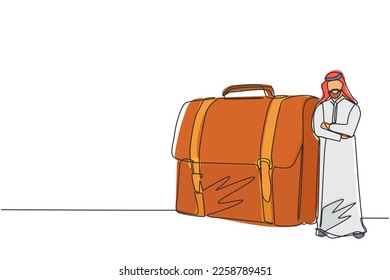 Continuous one line drawing modern confident Arab male entrepreneur leaning on large briefcase. Arabian businessman standing with elegance pose. Single line draw design vector graphic illustration