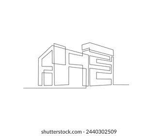 Dibujo continuo de una línea de la arquitectura moderna de la casa. Casa de techo plano o edificio comercial en una sola línea ilustración vectorial. Trazo editable.