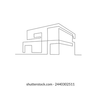 Kontinuierliche einzeilige Zeichnung der modernen Hausarchitektur. Flachdachhaus oder Geschäftshaus in einzeiliger Vektordarstellung. Bearbeitbarer Strich.