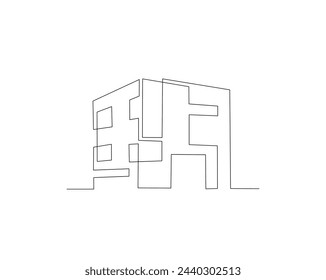 Dibujo continuo de una línea de la arquitectura moderna de la casa. Casa de techo plano o edificio comercial en una sola línea ilustración vectorial. Trazo editable.