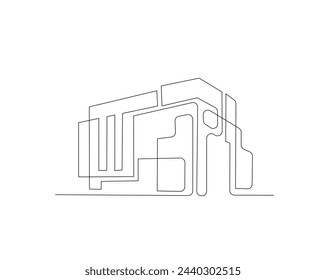Continuous one line drawing of modern house architecture. Flat roof house or commercial building in single line vector illustration. Editable stroke.