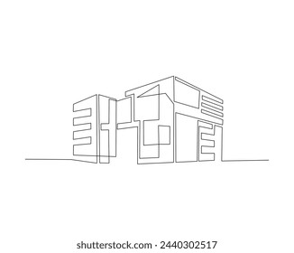 Continuous one line drawing of modern house architecture. Flat roof house or commercial building in single line vector illustration. Editable stroke.