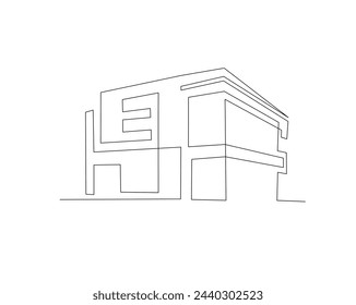 Dibujo continuo de una línea de la arquitectura moderna de la casa. Casa de techo plano o edificio comercial en una sola línea ilustración vectorial. Trazo editable.