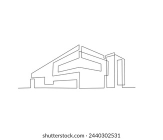 Dibujo continuo de una línea de la arquitectura moderna de la casa. Casa de techo plano o edificio comercial en una sola línea ilustración vectorial. Trazo editable.