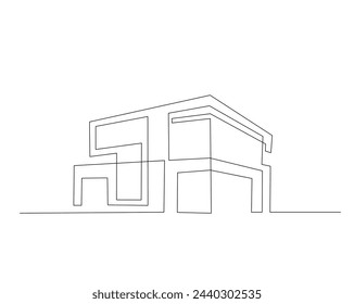 Dibujo continuo de una línea de la arquitectura moderna de la casa. Casa de techo plano o edificio comercial en una sola línea ilustración vectorial. Trazo editable.