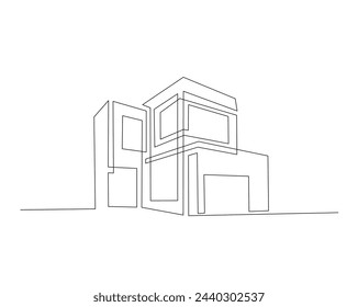 Continuous one line drawing of modern house architecture. Flat roof house or commercial building in single line vector illustration. Editable stroke.