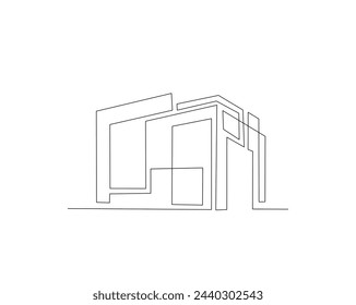 Continuous one line drawing of modern house architecture. Flat roof house or commercial building in single line vector illustration. Editable stroke.