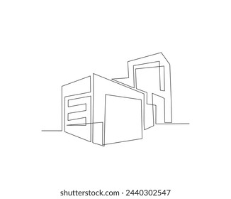 Dibujo continuo de una línea de la arquitectura moderna de la casa. Casa de techo plano o edificio comercial en una sola línea ilustración vectorial. Trazo editable.