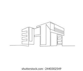 Dibujo continuo de una línea de la arquitectura moderna de la casa. Casa de techo plano o edificio comercial en una sola línea ilustración vectorial. Trazo editable.