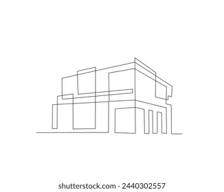 Dibujo continuo de una línea de la arquitectura moderna de la casa. Casa de techo plano o edificio comercial en una sola línea ilustración vectorial. Trazo editable.