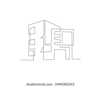 Dibujo continuo de una línea de la arquitectura moderna de la casa. Casa de techo plano o edificio comercial en una sola línea ilustración vectorial. Trazo editable.