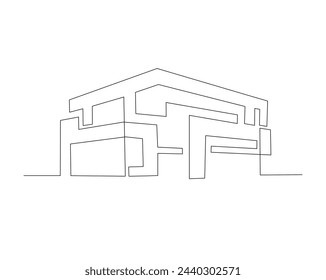 Dibujo continuo de una línea de la arquitectura moderna de la casa. Casa de techo plano o edificio comercial en una sola línea ilustración vectorial. Trazo editable.