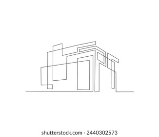 Dibujo continuo de una línea de la arquitectura moderna de la casa. Casa de techo plano o edificio comercial en una sola línea ilustración vectorial. Trazo editable.