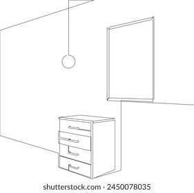 Continuous one line drawing of modern interior with chest of drawers, frame for photo and lamp. Living room with furniture drawn by single line contour.