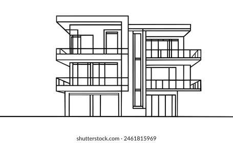 Continuous one line drawing of modern house construction building at city. Home property architecture hand drawn minimalist concept