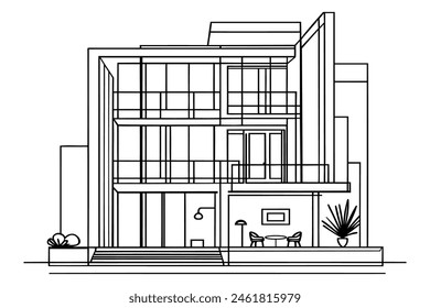 Continuous one line drawing of modern house construction building at city. Home property architecture hand drawn minimalist concept