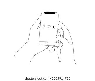 Continuous one line drawing modern life with a smartphone, hand drawn Young woman or man with phone look at notifications. Phone symbols, calls, messages, likes. Hand drawn girl or boy holding a phone