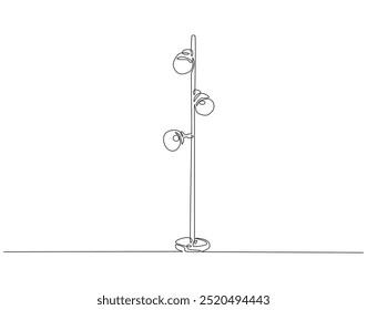 Continuous one line drawing of modern floor lamp. One line drawing illustration of floor lamp for interior. Room decoration, Home interior concept line art. Editable outline.