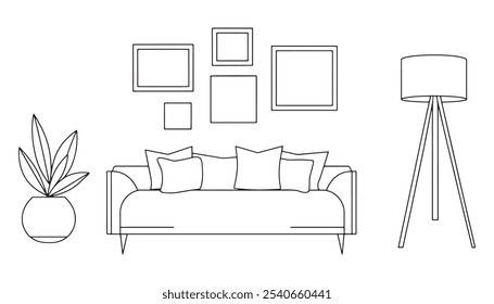 Continuous one Line Drawing of Modern Living Room Setup 