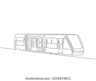 Dibujo continuo de una línea de tren moderno. Ilustración de dibujo de una línea de tren de cercanías de pasajeros de velocidad moderna. Transporte, ferrocarril, concepto de vehículo rápido línea única. Esquema editable
