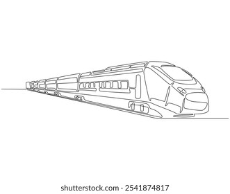 Dibujo continuo de una línea de tren moderno. Ilustración de dibujo de una línea de tren de cercanías de pasajeros de velocidad moderna. Transporte, ferrocarril, concepto de vehículo rápido línea única. Esquema editable
