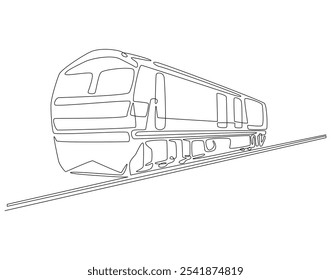 Dibujo continuo de una línea de tren moderno. Ilustración de dibujo de una línea de tren de cercanías de pasajeros de velocidad moderna. Transporte, ferrocarril, concepto de vehículo rápido línea única. Esquema editable
