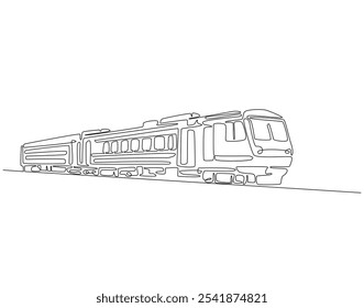 Dibujo continuo de una línea de tren moderno. Ilustración de dibujo de una línea de tren de cercanías de pasajeros de velocidad moderna. Transporte, ferrocarril, concepto de vehículo rápido línea única. Esquema editable
