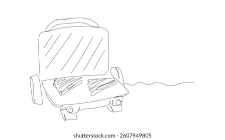 Continuous one line drawing of 
 modern grill maker.  Eat delicious grilled toast. Linear slice cheese sandwich. Hand made vector not Al