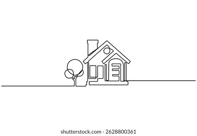 Continuous one line drawing modern building architecture, Continuous thin line home illustration, house one line art icon drawing.