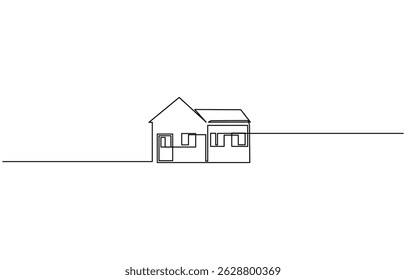 Continuous one line drawing modern building architecture, Continuous thin line home illustration, house one line art icon drawing.
