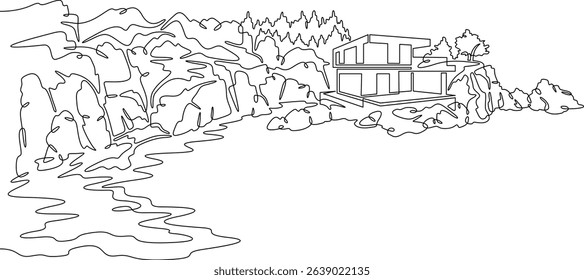 Continuous one line drawing Modern house on a cliff.House on the shore.Seascape.Rocky coast.One continuous line isolated minimal illustration.Not AI.