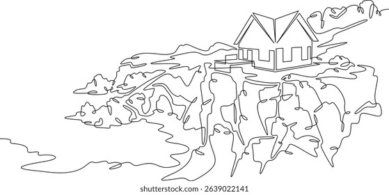 Continuous one line drawing Modern house on a cliff.House on the shore.Seascape.Rocky coast.One continuous line isolated minimal illustration.Not AI.