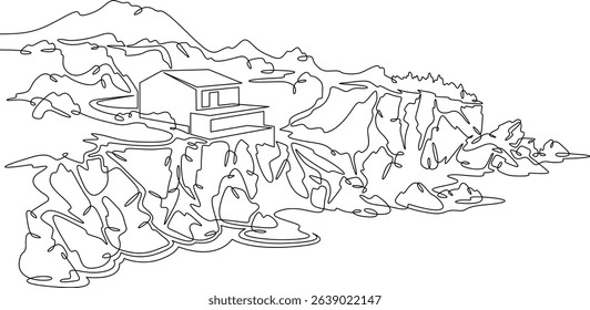 Continuous one line drawing Modern house on a cliff.House on the shore.Seascape.Rocky coast.One continuous line isolated minimal illustration.Not AI.