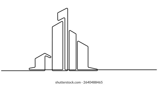 Continuous one line drawing modern building architecture. Flat roof house or commercial building in continuous line art drawing style. Real estate building in single line draw illustration. 
