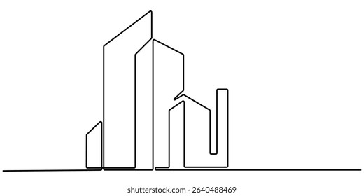 Continuous one line drawing modern building architecture. Flat roof house or commercial building in continuous line art drawing style. Real estate building in single line draw illustration. 