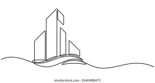 Continuous one line drawing modern building architecture. Flat roof house or commercial building in continuous line art drawing style. Real estate building in single line draw illustration. 