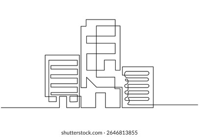 Continuous one line drawing modern building architecture. Real estate building in single line draw illustration,  corporate company building