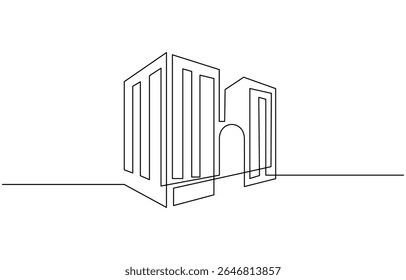 Kontinuierliche einzeilige Zeichnung der modernen Bauarchitektur. Immobiliengebäude in einzeiliger Zeichnung, Unternehmensgebäude