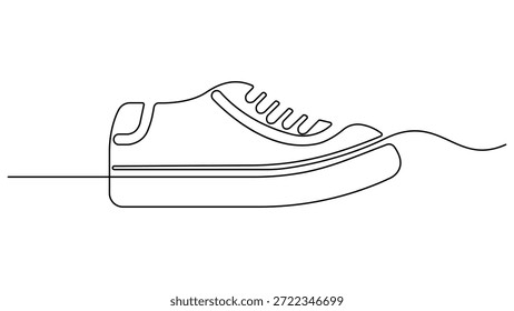 Dibujo continuo de una línea de una zapatilla de atletismo moderna o zapatilla deportiva. arte de contorno negro minimalista sobre un fondo blanco limpio. Zapatos elegantes Ilustración vectorial de contorno de calzado minimalista