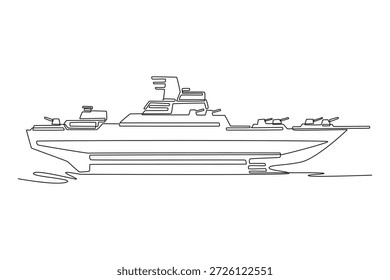 Continuo una línea dibujando moderno destructor de misiles guiados. Elegante sigilo, múltiples torretas de armas y mástiles de radar utilizados para la guerra naval avanzada. Ilustración gráfica de Vector de diseño de línea única
