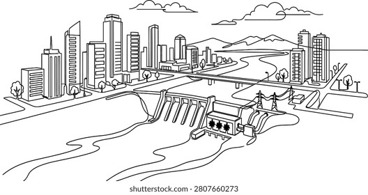 Continuous one line drawing of a modern smart city powered by a hydroelectric dam on a river. Minimalist urban infrastructure, renewable water energy, and sustainable development concept vector art.