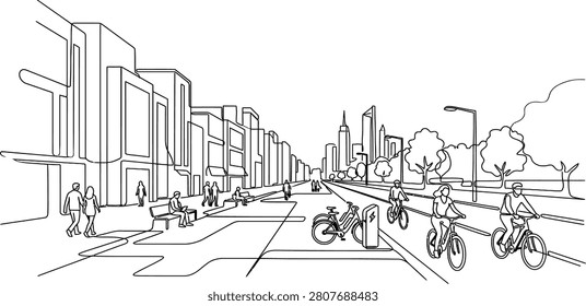 : Continuous one line drawing of a modern eco-friendly city street featuring a bike lane, cyclists, pedestrians, and an e-bike charging station. Minimalist sustainable urban lifestyle concept.