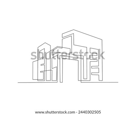 Continuous one line drawing of modern house architecture. Flat roof house or commercial building in single line vector illustration. Editable stroke.