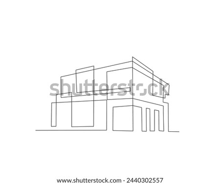 Continuous one line drawing of modern house architecture. Flat roof house or commercial building in single line vector illustration. Editable stroke.
