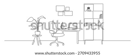 Continuous one line drawing of modern workspace featuring chair, table, computer setup. Minimalist sketch illustration with linear style of contemporary business interior design. Vector illustration
