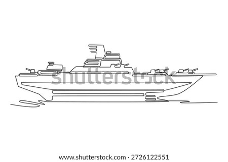 Continuous one line drawing modern guided missile destroyer. Sleek stealth, multiple gun turrets, and radar masts used for advanced naval warfare. Single line draw design vector graphic illustration